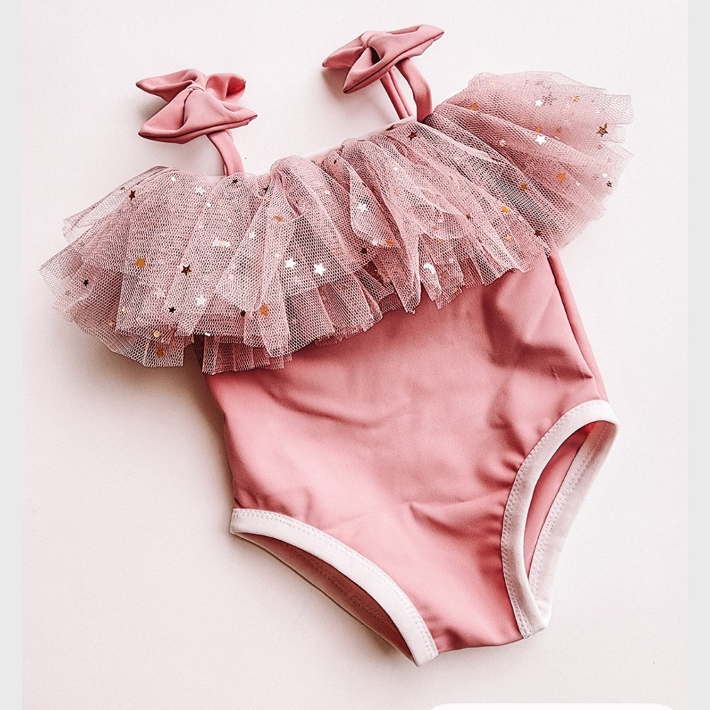 Fancy Schmancy Baby Designer Swimsuit Swim One Piece Dusty Rose Tulle Stars 3T